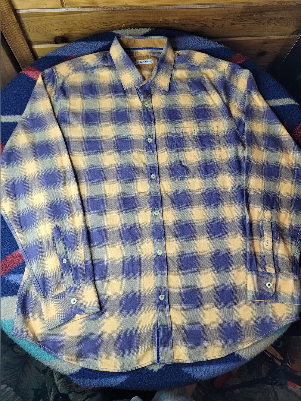 32 Bar Blues Button Up Shirt Mens XL Long Sleeve Yellow Blue Plaid Flannel